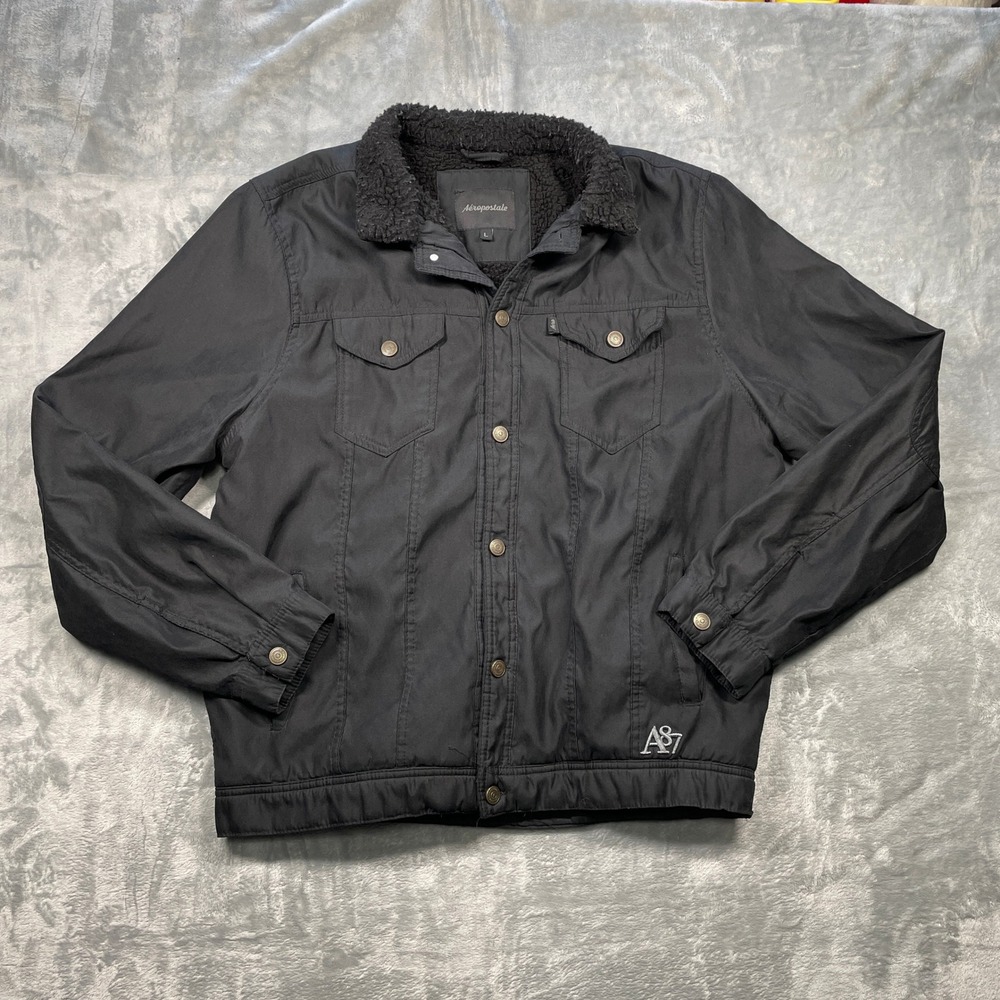 Aeropostale Mens Sherpa Lined Trucker Jacket‎ Black Polyester Pockets Size L
